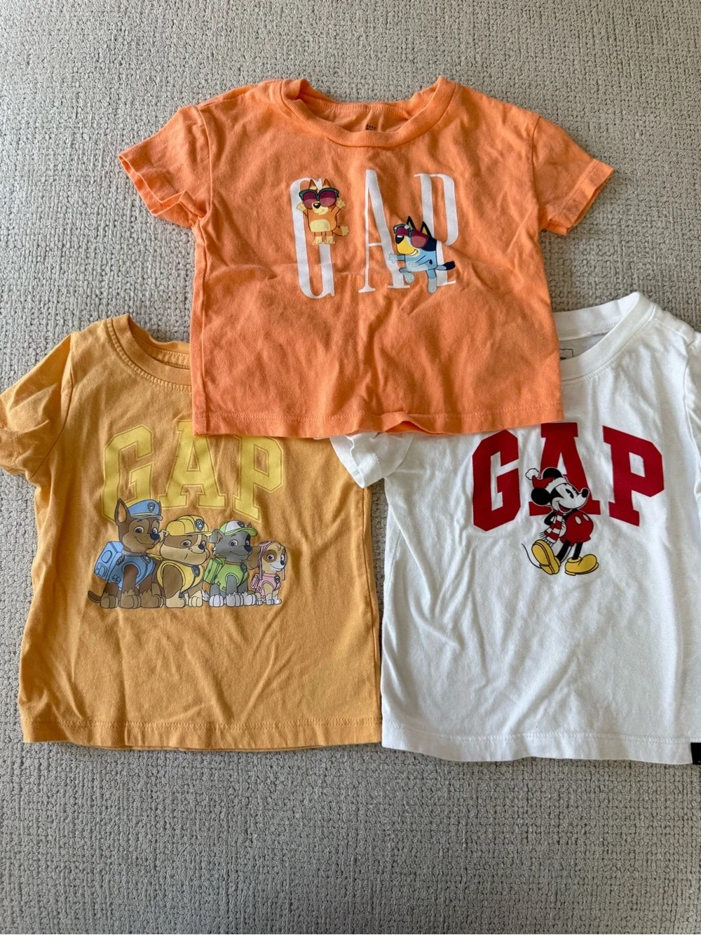GAP Paw Patrol, Bluey, Mickey Kids Orange, Yellow & White Graphic Tee Trio
